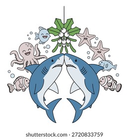 Par de grandes tiburones blancos acercándose bajo la primavera del muérdago con felices burbujas de agua de peces estrella de mar pulpo.