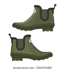 Pair of green ankle-length rain boots with rubber sole and elastic sides. Cartoon fisherman boots. Waterproof shoes. Perfect for garden designs, village themed projects. Vector Illustration.
