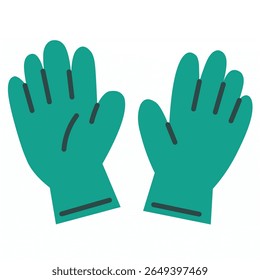 Um par de luvas de borracha plana verde ícone para segurança de laboratório ou saúde. Usado em biologia, experimentos médicos, testes de laboratório e materiais de educação científica.