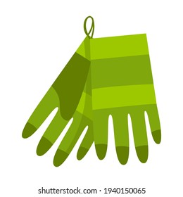 A pair of green gardening work gloves hangs on a nail. gardening, renovation. Cartoon flat style.Isolated on a white background.