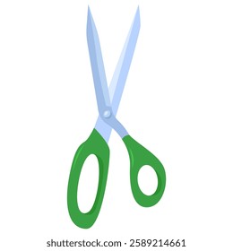 Pair of green handled scissors for office supplies, crafting, DIY projects, and school activities on a white background.