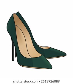 A pair of green high heels with a black heel. The heels are pointed and have a sleek, modern design