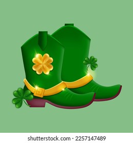 A pair of green Leprechaun boots with gold buckles and a shamrock. Elven shoes for the Irish St. Patrick's Day festival. Holiday symbol. Vector illustration.