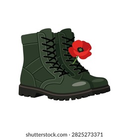 A pair of green military combat boots with a red poppy flower attached to one of the boots, symbolizing remembrance.
