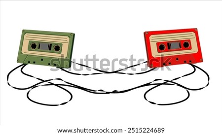 A Pair of Green and Red Cassette Radios with Tangled or Unraveled Tape on a White Background