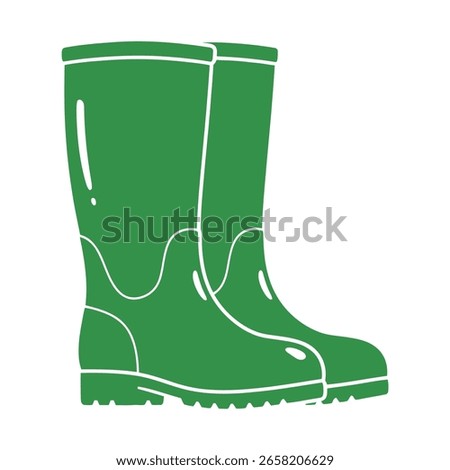 A pair of green rubber rain boots, designed for gardening or outdoor activities, featuring a sturdy sole and a waterproof construction.