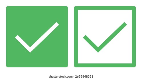 Ein Paar grüner Vektor-Checkbox-Symbole mit einem ausgefüllten und einem umrissenen Symbol, die für Benutzeroberflächenelemente, Webformulare und UX UI-Designprojekte entwickelt wurden.
