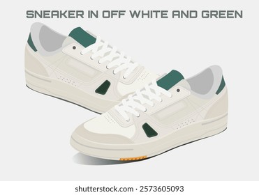 A pair of green and white sneakers with laces on a white background. Vector illustration