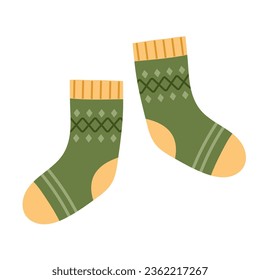 Pair of green wool socks with a pattern.  Hand-drawn element of winter warm clothing. Flat vector illustration isolated on white background.