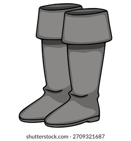 Un par de botas de caballero grises, representadas como una Ilustración vectorial simple con contornos negros audaces y sombras sutiles, presentadas sobre un fondo blanco limpio.