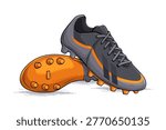 Pair of grey and orange soccer cleats resting on white, specialized footwear for professional grass field sports performance.