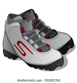 Pair of grey ski boots isolated on white background. Modern clothing for winter sports. Vector illustration.
