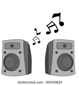 a pair of grey speakers with some black musical notes