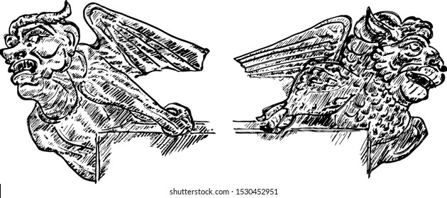 A pair of Grotesque gargoyle hanging on a structure corner for Halloween design. Hand drawn vector illustration. 
