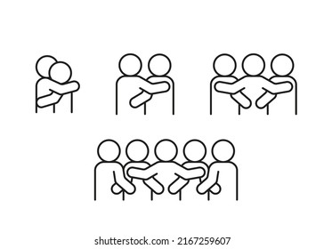 Pair and group people hug, line icons set. Embrace lover, friend, family, teamwork. Hope, support, care through social hugs. Vector outline signs illustration