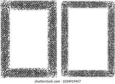 Pair of grunge frames with tire tracks. Vector illustration.