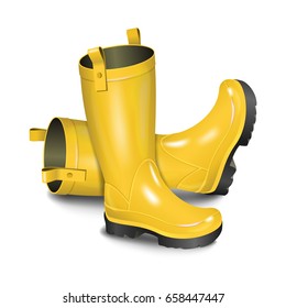 Pair of gumboots. Rain yellow boots isolated on white background. Realistic vector illustration
