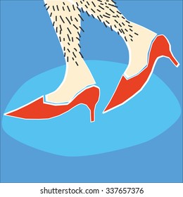 A Pair Of Hairy Female Or Possibly Male Bare Legs Walking Along In Red High Heels