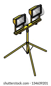 A pair of halogen flood lights on an adjustable tripod stand.