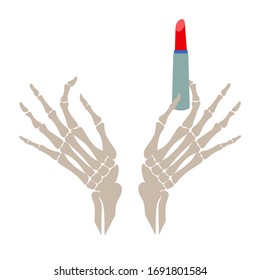 a pair of hand bones with red lipstick, symbol of the Latin American holiday, day of the dead, color vector illustration isolated on white background in cartoon, flat & hand drawn style