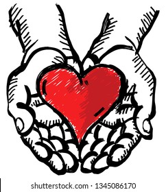 A pair of hand cusping a red heart. Hand drawn vector illustration.