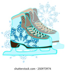 Pair of hand drawn ice skates with snowflake drawing and abstract background. Vector illustration.