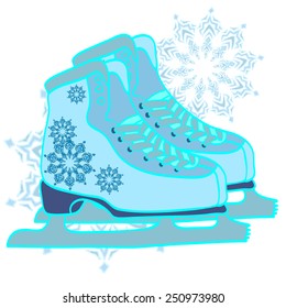 Pair of hand drawn ice skates with snowflake drawing and abstract background. Vector illustration.
