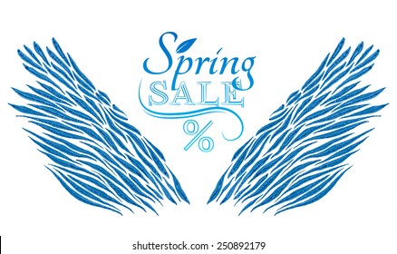 Pair of hand drawn wings hand drawn . Spring sale text composition