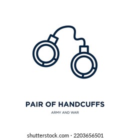 pair of handcuffs icon from army and war collection. Thin linear pair of handcuffs, love, bondage outline icon isolated on white background. Line vector pair of handcuffs sign, symbol for web and 
