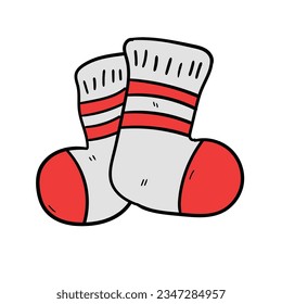 A pair of hand-drawn cartoon red and gray socks isolated on a white background. Flat design. Vector illustration.