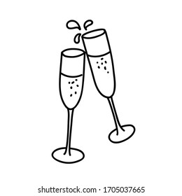 A pair of hand-drawn glasses of champagne for Birthday, New Year, Christmas, wedding, engagement. Doodle, vector illustration isolated on white background. Postcard, packaging, icon, party invitation