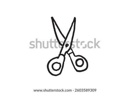  A pair of hand-drawn scissors with open blades is displayed in black lines against a stark white background, symbolizing cutting and crafting.