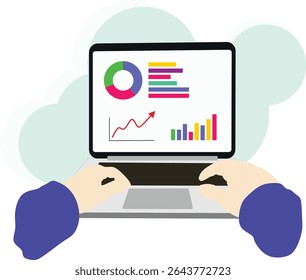 A pair of hands is actively typing on a sleek laptop keyboard while the screen is displaying business chart and diagram
