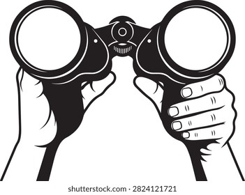 Pair of hands, antique binoculars, looking afar, exploration, discovery, transparent background.