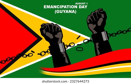 a pair of hands bound in chains against the background of the Guyana flag commemorating Emancipation Day (Guyana)

