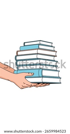 A pair of hands carefully holding a tall stack of books with light blue pages and white covers