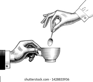 Pair of hands with a coffee cup and spoon. Vintage engraving stylized drawing. Vector illustration