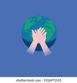 pair of hands covering the world on blue background