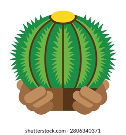 A pair of hands cradling a green cactus plant with spiky texture, in a brown pot with soil, against a plain white background