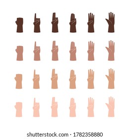 A pair of hands of different skin colors, showing from zero to five fingers. Vector illustration