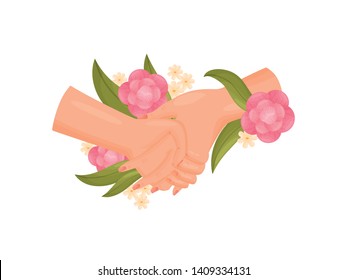 Pair of hands drezhat each other. Decorated with flowers. Vector illustration on white background.