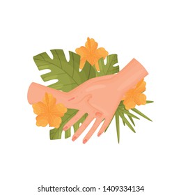 Pair of hands with flowers and leaves. Vector illustration on white background.