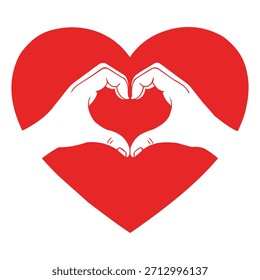 A pair of hands forming a heart shape with red silhouette isolated on white background, symbolizing love and care