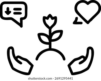 A pair of hands gently cradle a flower, symbolizing growth and care. Feedback and love icons surround it, representing support and positive reinforcement.