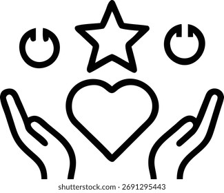 Un par de manos sujetan suavemente un corazón y una estrella, representando el amor y el éxito. Los iconos de poder simbolizan la energía y el empoderamiento, aislados sobre un fondo blanco.