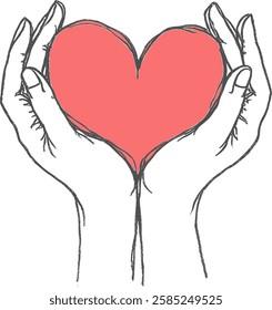 A pair of hands gently holding pink heart, symbolizing love, care, and compassion