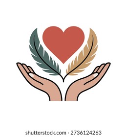 A pair of hands gently holding a red heart surrounded by a green and gold leaf, symbolizing love and care, in a simple vector illustration style