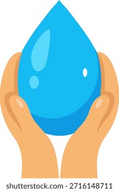 Un par de manos sujetando suavemente una gota de agua azul prominente, ilustrando temas de preservación del agua, pureza y la importancia de los recursos naturales.
