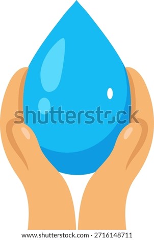 A pair of hands gently holding a single, prominent blue water droplet, illustrating themes of water preservation, purity, and the importance of natural resources.
