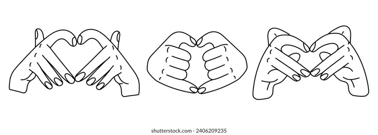 Un par de manos con un signo cardíaco que indica que te amo. Imágenes del Día de San Valentín, el corazón se forma con una mano. Las manos contagiadas se unen al corazón, diferentes opciones. Una persona muestra amor por los demás